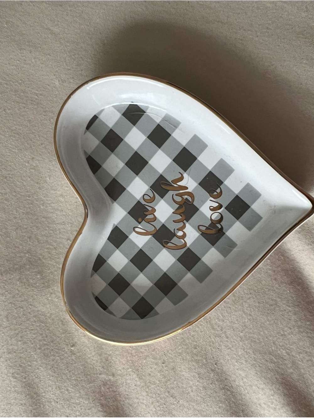 Heart Shaped Ceramic Tray with Black Buffalo Check and Gold Accent